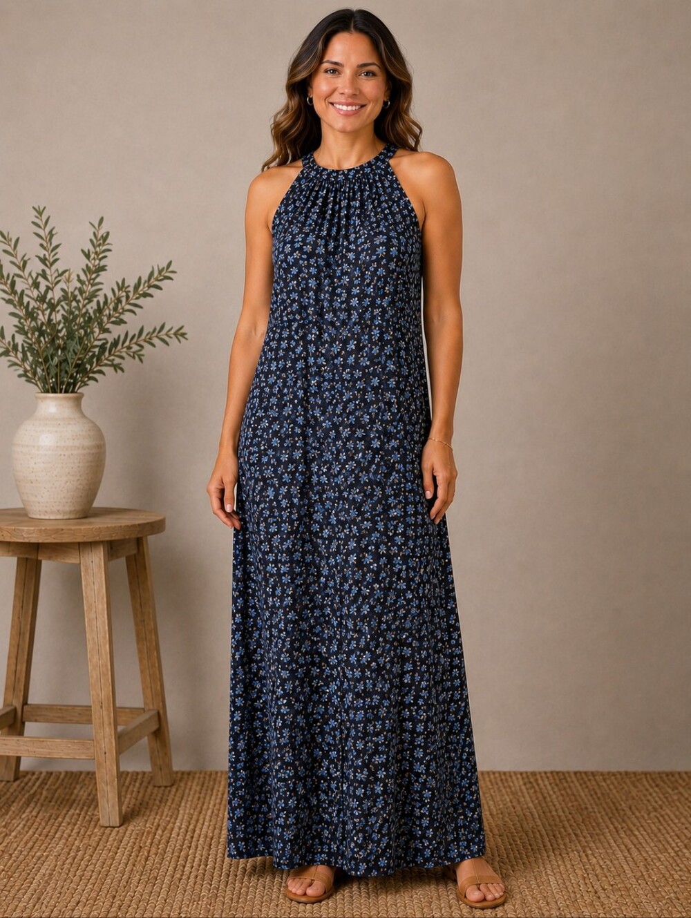Navy Blue Floral Halter Maxi Dress Back Tie 2XL A279